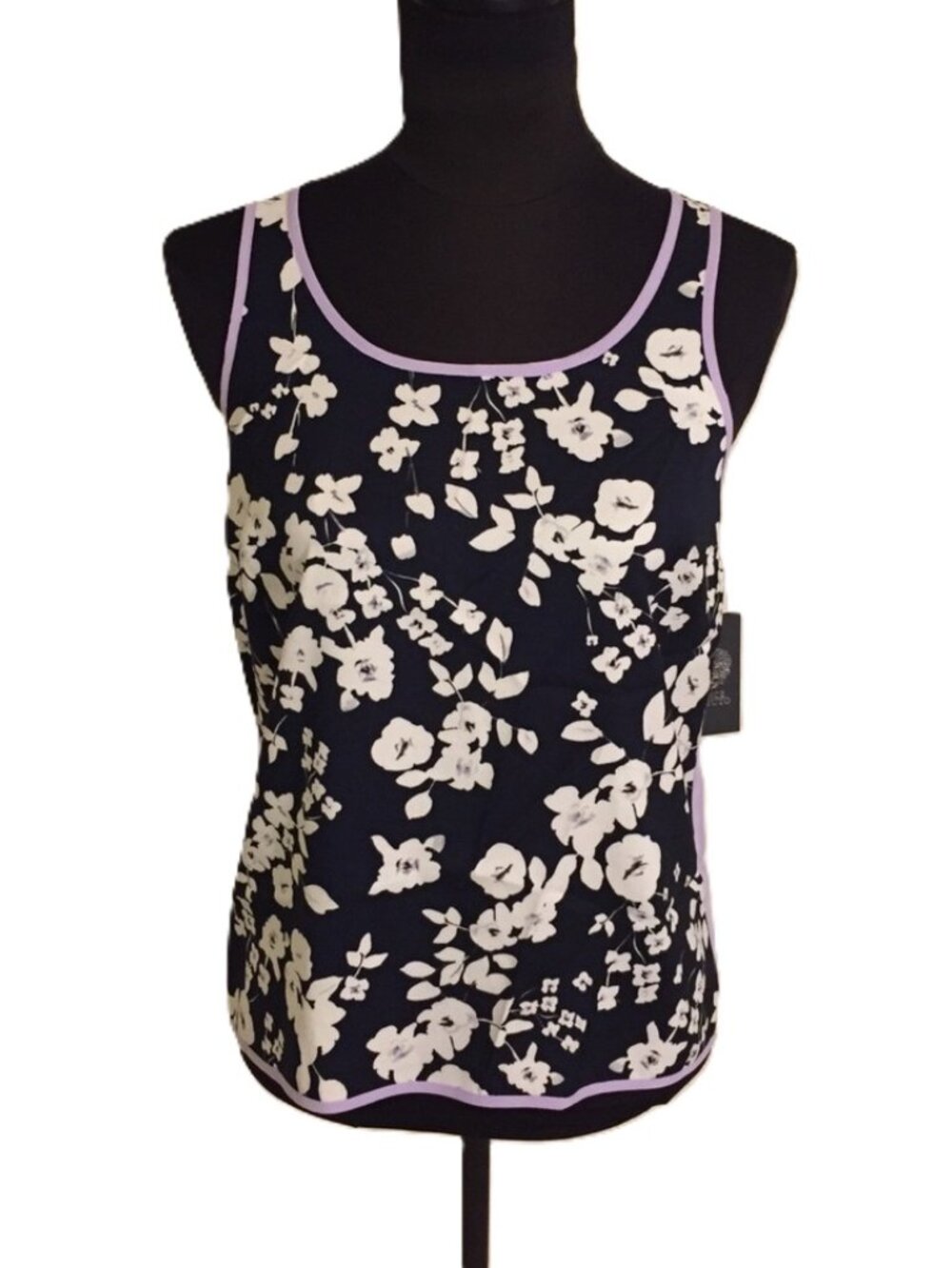 Vince Camuto Navy/White w/Lilac Piping Tossed Bouquet Tank Top/Cami XS NWT